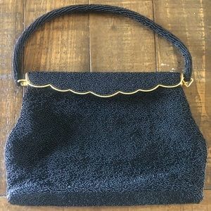 Vintage Womens Black Beaded Silver Mini Clutch Gold Details